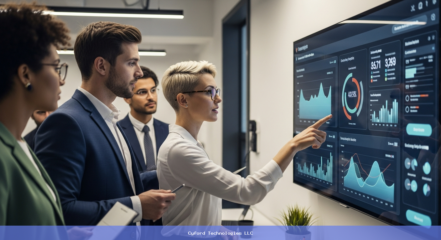 modern office workers discussing data analytics on a digital dashboard
